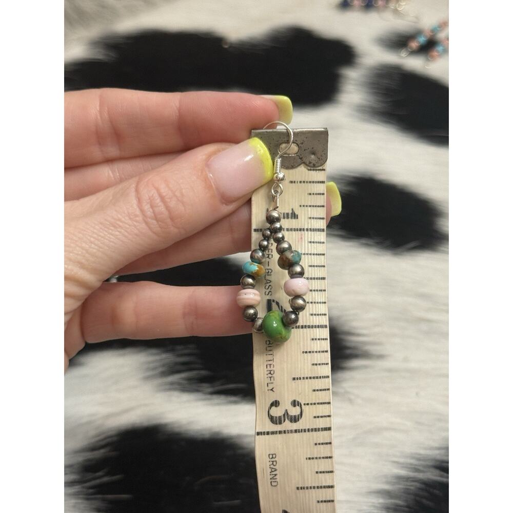Native American Sterling Silver Navajo Pearl Pink Conch Turquoise Green Earrings - Picture 4 of 7